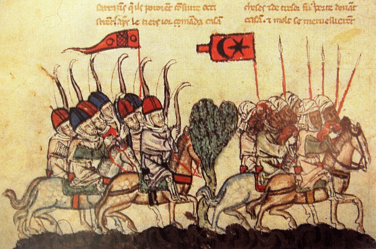 средневековая гравюра: битва мамлюков с моголами (они слева)
