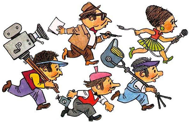 Репортёр, аналитик, оператор, фотограф - вся компания в сборе. Только что осветитель сюда из театра прибежал.