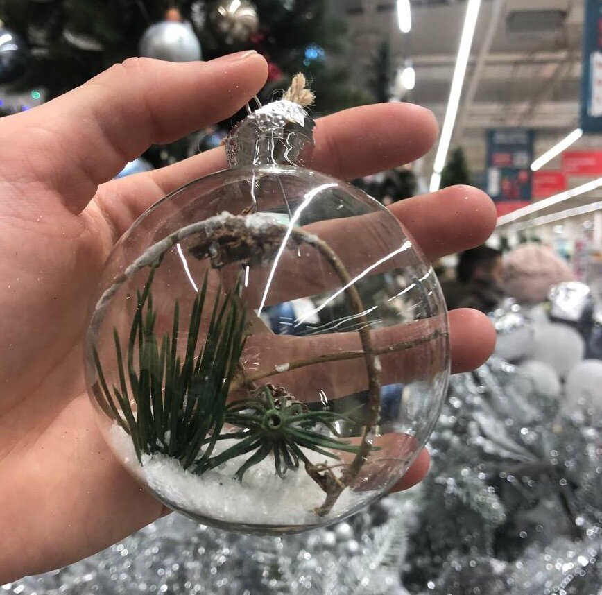 Стеклянный шар станет прекрасным и необычным вариантом оформления к новому году на елку. Шар выполнен из стекла, и имеет внутри себя композицию состоящую из  части елки, шишки, и деревянной палочки. Помимо всего этого в шаре находится искусственный снег. Магазин "АШАН". Стоимость: 139.99 ₽ 