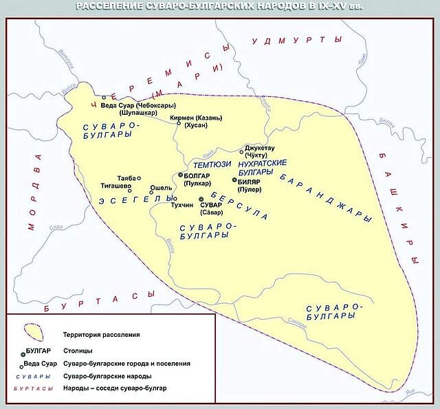 Карта расселения болгарских племен в Волжской Болгарии. Фото является общественным достоянием.
