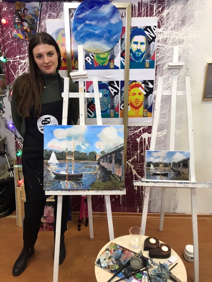 Выполняли работу в стиле "Импрессионизм" Клиент рисовала картину в подарок на день рождение.