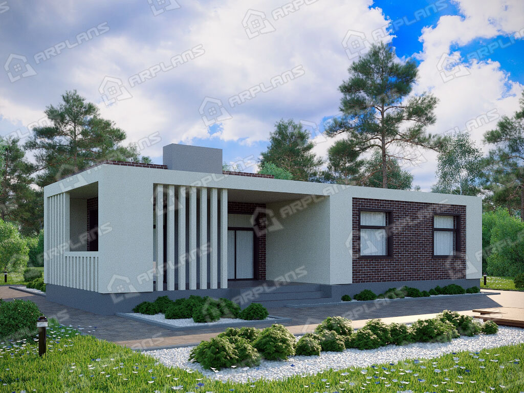 Фото 2 одноэтажного дома из газобетона с 3 спальнями и террасой. 100 кв м. Источник arplans.ru Проект К-191