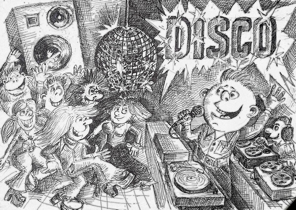 Конец семидесятых. Первые дискотеки в СССР. Там были и мы. Рисунки автора.