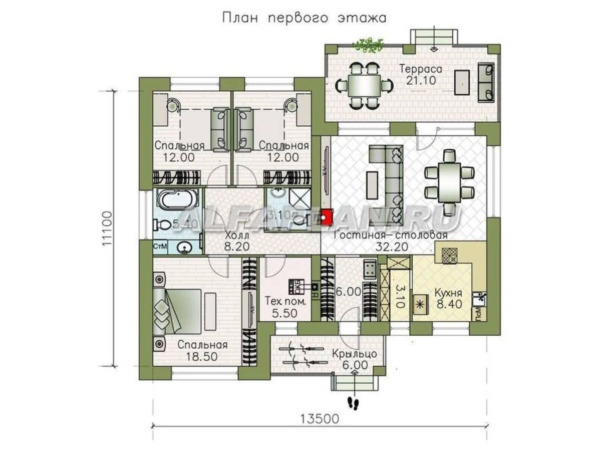 Проект одноэтажного дома 929А «Бенуа», 3 спальни, 128м2 | Популярные  проекты домов Альфаплан | Дзен