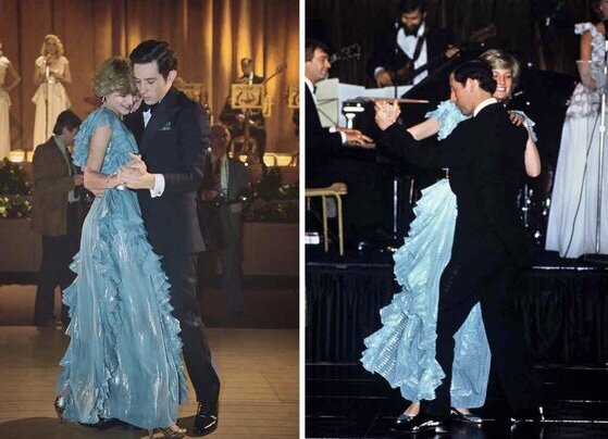 Принц Чарльз танцует с принцессой Дианой. Слева кадр из фильма «Корона», справа - исторический кадр. Фотографии google.co.uk 