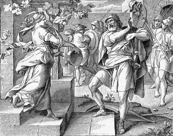 "33. и поразил их поражением весьма великим, от Ароера до инифа двадцать городов, и до Авель-Керамима, и смирились Аммонитяне пред сынами Израилевыми. 
34. И пришел Иеффай в Массифу в дом свой, и вот, дочь его выходит навстречу ему с тимпанами и ликами: она была у него только одна, и не было у него еще ни сына, ни дочери. 
35. Когда он увидел ее, разодрал одежду свою и сказал: ах, дочь моя! ты сразила меня; и ты в числе нарушителей покоя моего! я отверз о тебе уста мои пред Господом и не могу отречься. 
36. Она сказала ему: отец мой! ты отверз уста твои пред Господом - и делай со мною то, что произнесли уста твои, когда Господь совершил чрез тебя отмщение врагам твоим Аммонитянам. 
37. И сказала отцу своему: сделай мне только вот что: отпусти меня на два месяца; я пойду, взойду на горы и оплачу девство мое с подругами моими. 
38. Он сказал: пойди. И отпустил ее на два месяца. Она пошла с подругами своими и оплакивала девство свое в горах. 
39. По прошествии двух месяцев она возвратилась к отцу своему, и он совершил над нею обет свой, который дал, и она не познала мужа. И вошло в обычай у Израиля, 
40. что ежегодно дочери Израилевы ходили оплакивать дочь Иеффая Галаадитянина, четыре дня в году". 
(Книга Судей 11:33-40)