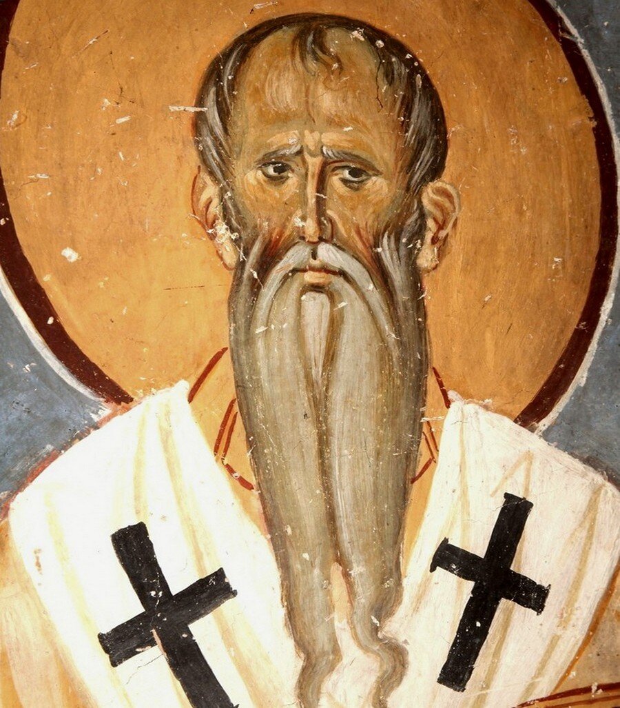 Святитель Амвросий, фреска церкви в монастыре Студеница, Сербия.