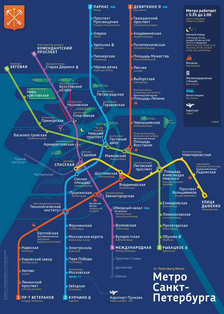 Станция «Спортивная» на схеме Петербургского метрополитена.