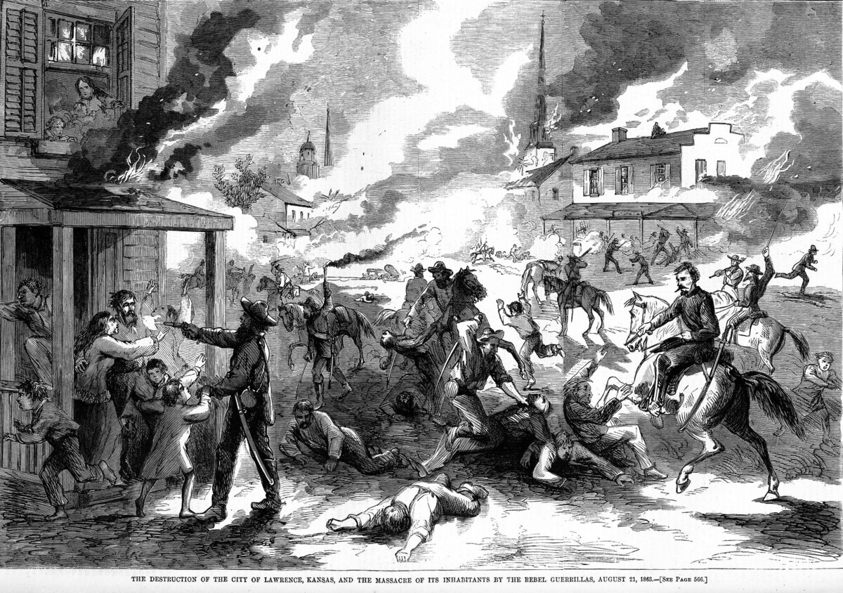 Рейд на Лоуренс. Иллюстрация из выпуска газеты Harper's Weekly от 5 сентября 1863 года