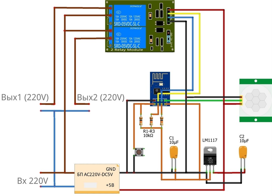 Схема детектора движения на ESP8266 (ESP-01) и HC-SR501.