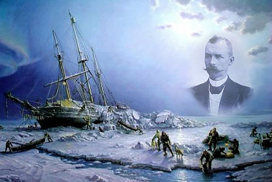 Шхуна "Заря" во льдах и фотопортрет барона Э. Толля (изображение из открытых источников)