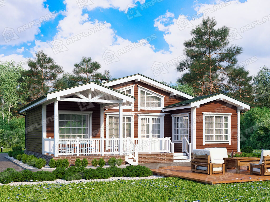 Фото 1 одноэтажного каркасного дома с 3 спальнями, газовой котельной и террасой. Общая площадь 137 кв м. Источник arplans.ru Проект И-047