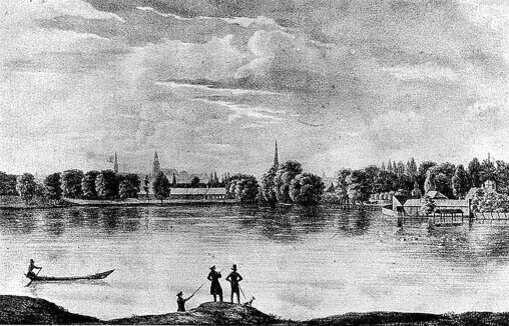 Вид на Мариинско-мельничный пруд в 1830е годы. LNB