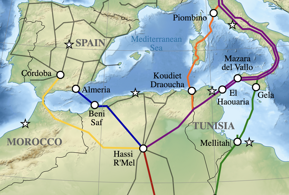 Схема газопроводов из Африки в Европу