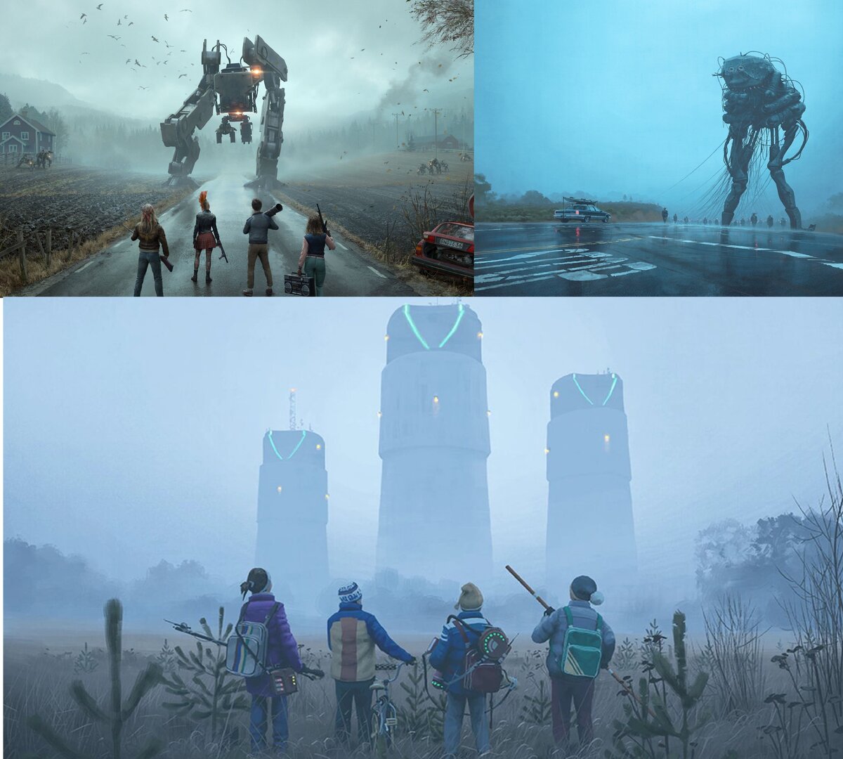 Слева сверху — Generation Zero, справа сверху — Simon Stålenhag, снизу — Simon Stålenhag.