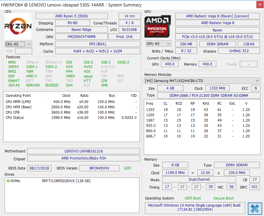 Информация о Lenovo Ideapad 530s-14arr в HWiNFO64