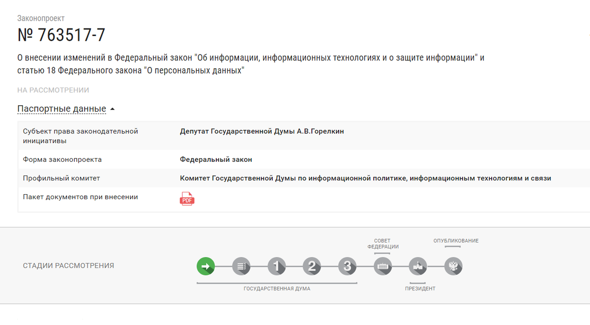 Страница законопроекта на сайте Госдумы