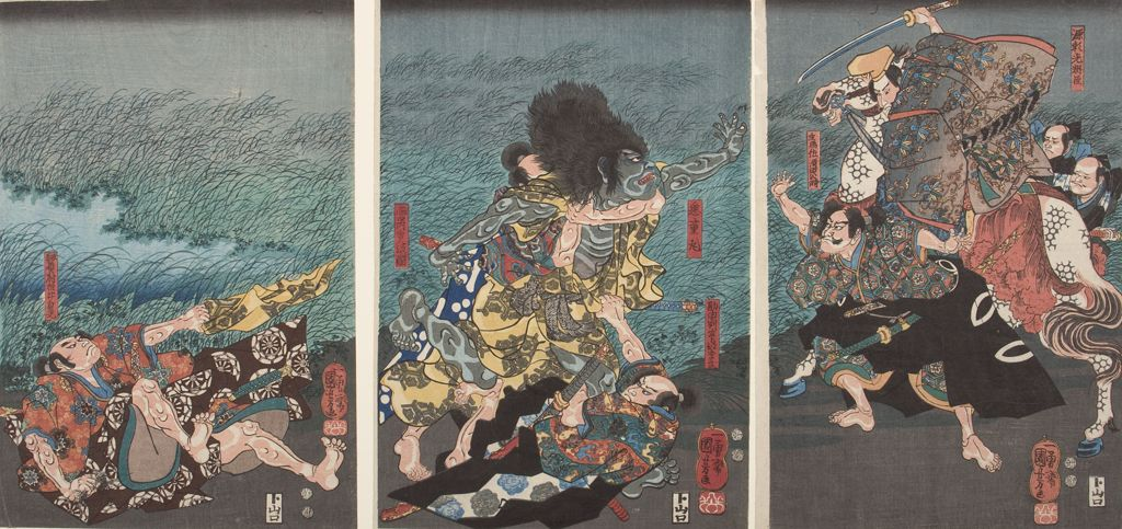 Artist:Utagawa Kuniyoshi Title:Triptych: The Capture of Kidomaru by Minamoto no Raikô (Minamoto no Yorimitsu; Kidômaru), Late Edo period, 19th century
Date:Edo period, Late, 1789-1868