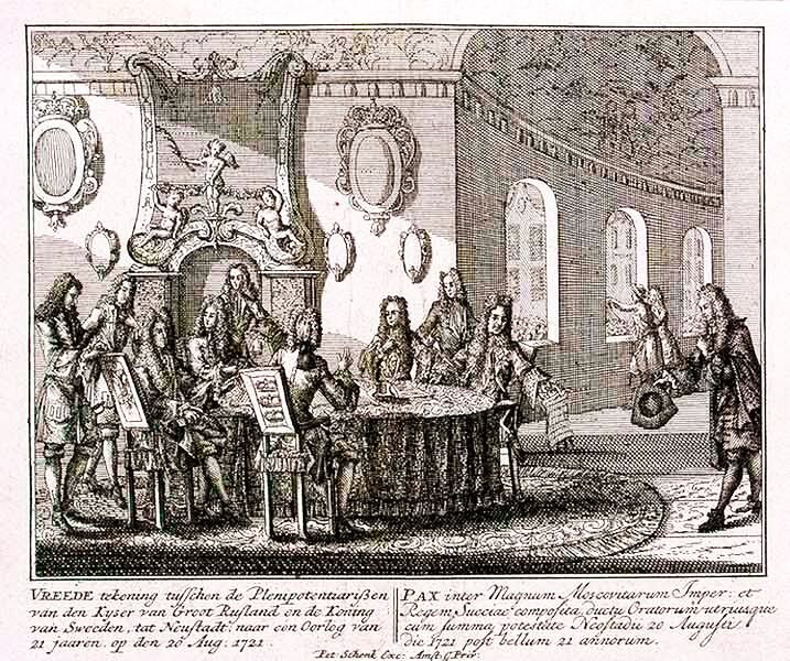 Подписание договора в Ништадте. Гравюра 18 века. Источник изображения wikimedia.commons