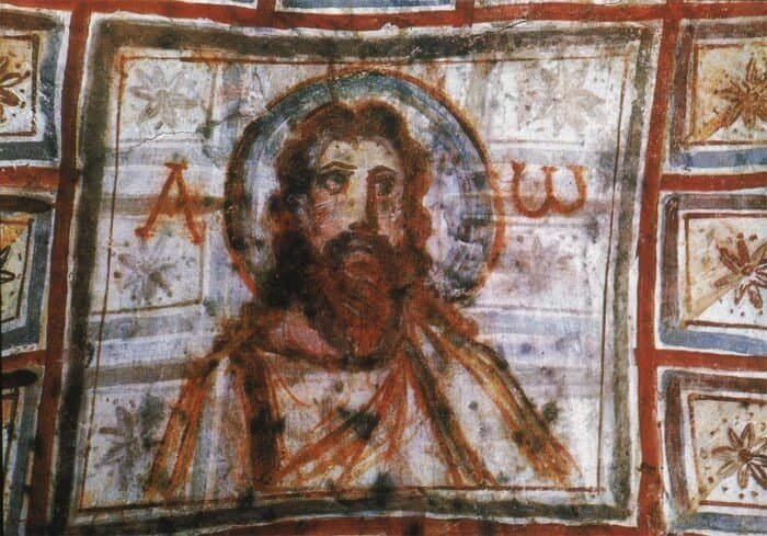 Катакомбы святой Присциллы Фрагмент росписи (три изображения. листайте стрелкой)