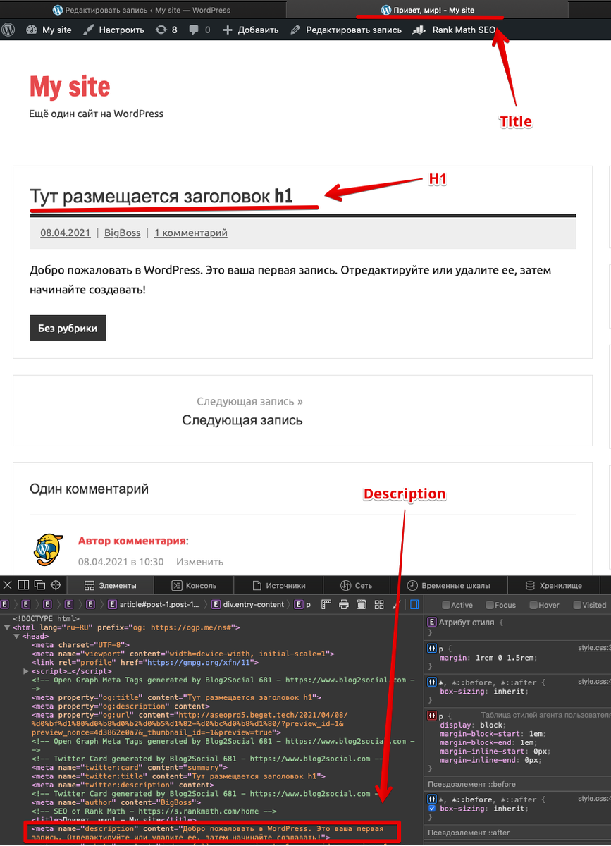 Тайтл это то, что отображается в самом верху - в названии вкладки браузера. H1 - это собственно "название" статьи - обычно это первый заголовок. Дескрипшн - обычно непосредственно на сайте не выводится (за исключением отдельных тем), но его всегда можно посмотреть в коде в одноименном блоке. 