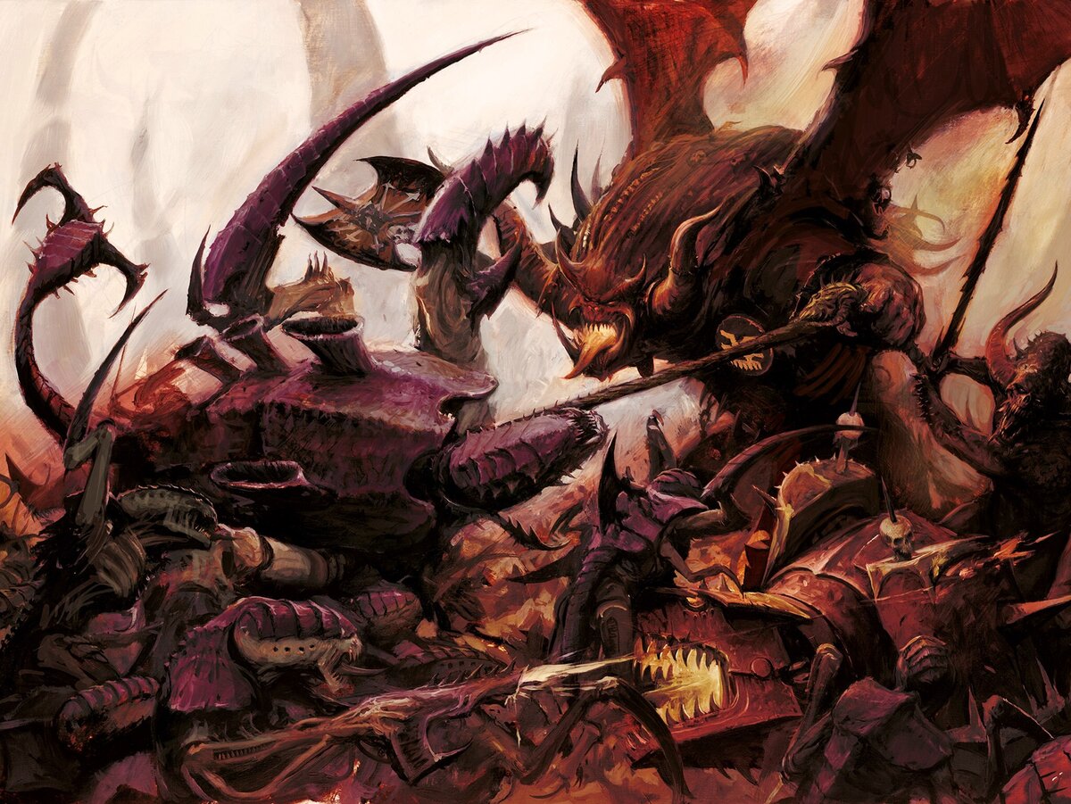 Карнифекс и гаунты в бою с демонами Кхорна. С топором и кнутом - Кровожад Кхорна. Чуть ниже - Джагернаут пронзает рогом равенера тиранид. Крайний справа - низший демон Кхорна
