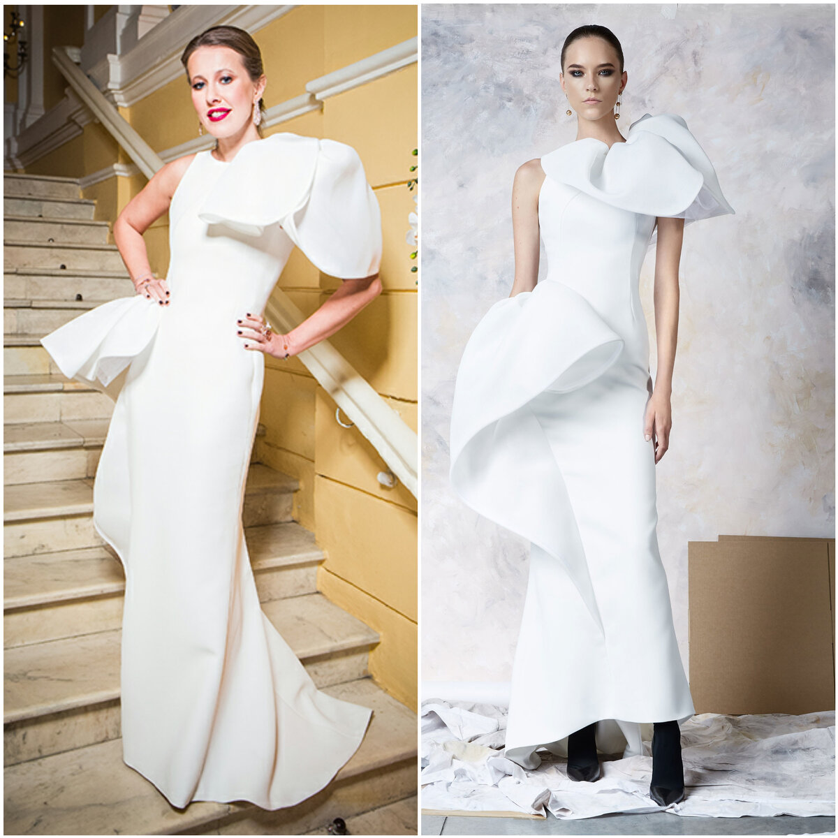 Платье Toni Maticevski на Ксении Собчак и на модели. Коллаж канала. Фото из открытого источника