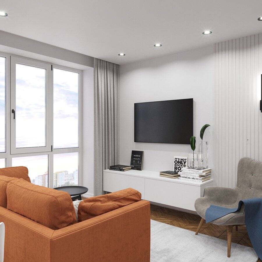 В основе этого необычного стиля лежит яркая палитра. Базовые оттенки — белый и серо-белый, на фоне которых играют контрастами терракотовый и лазурно-голубой.