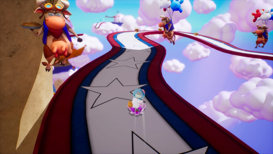 Боссы тоже вносят разнообразие. Во-первых, они абсурдные – вроде Короля медуз, без стеснения принимающего душ под открытым небом. Во-вторых, они напоминают неприятелей из Super Mario Odyssey, то есть ждут от вас чуточку ловкости и наблюдательности. Поддерживаю такой подход!Больше всего в BfBB меня порадовали гоночные этапы, бодрые и лихо закрученные. Им посвящён целый уровень (Песчаная гора). Единственное нарекание – в лицо летит всякая мишура от разбитых идолов, перекрывающая обзор.
Является BfBB детской игрой или хардкорной – каждый решит для себя сам. С одной стороны, сложностей с прыжками через колья и уворотами от надувных драконов не возникнет, а хлипкие платформы, переворачивающиеся кубы и движущиеся опоры знакомы по другим аркадам. Чекпоинты натыканы щедро, коробки-телепорты связывают начало и конец этапа, в любую точку мира легко перенестись через карту. За смерти Purple Lamp Studios не наказывает.
