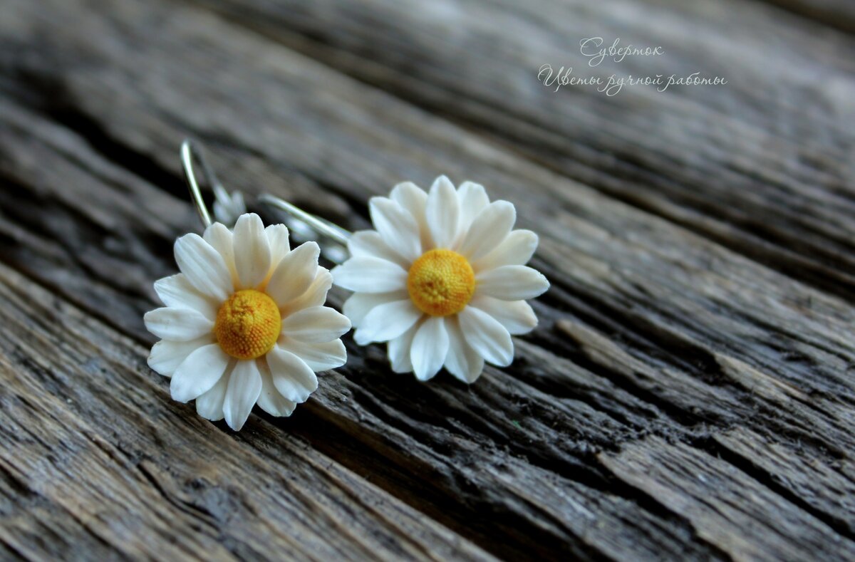 На фото серьги - ромашки из запекаемой глины