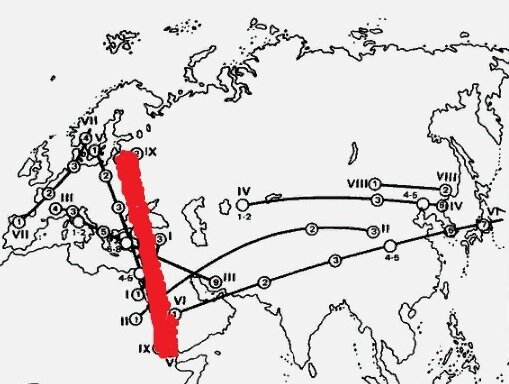 ПАССИОНАРНЫЙ ТОЛЧОК 1280 ГОДА (линия толчка выделена красным) (на карте Л.Н.Гумилева).