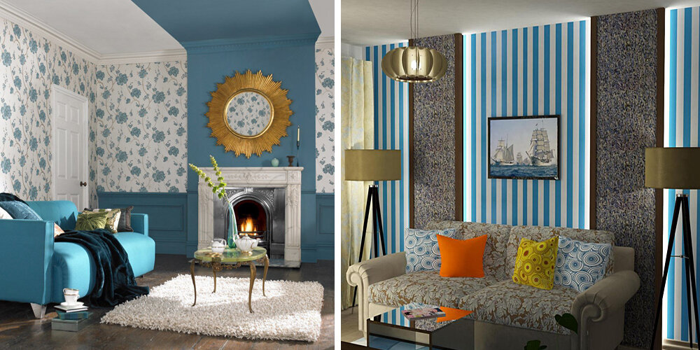 Оттенки голубых обоев для гостиной