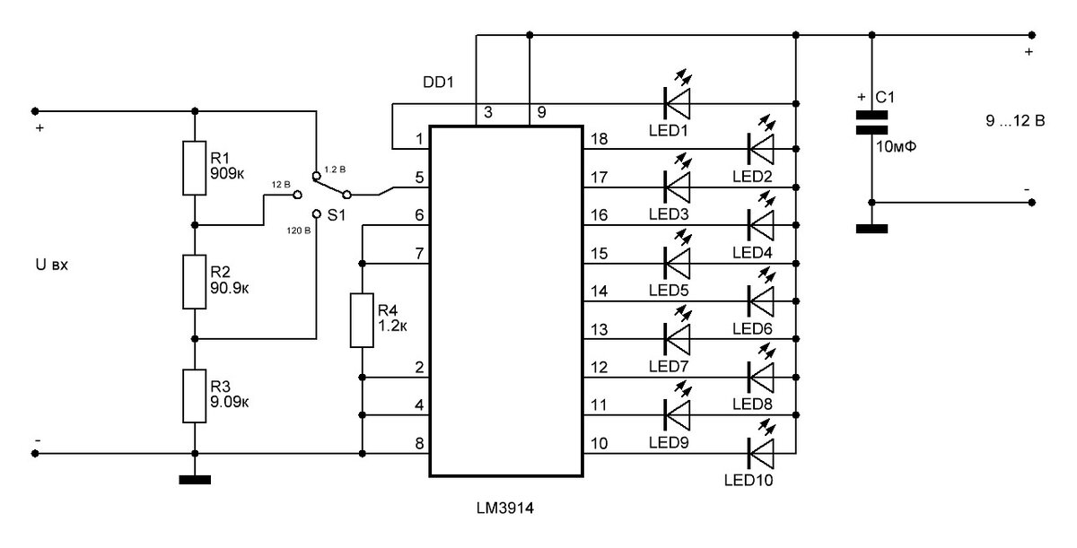 Принципиальная электрическая схема вольтметра на LM3914