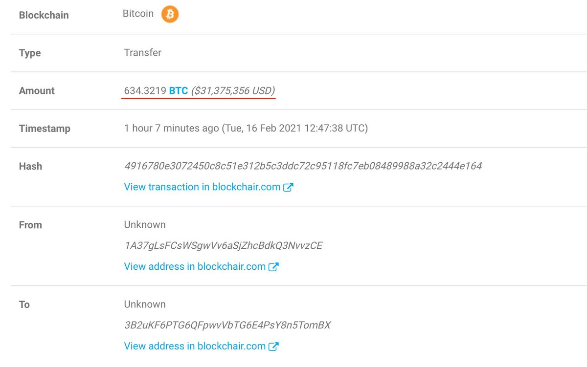 Скриншот записи в блокчейне о переводе 634 биткойнов. 