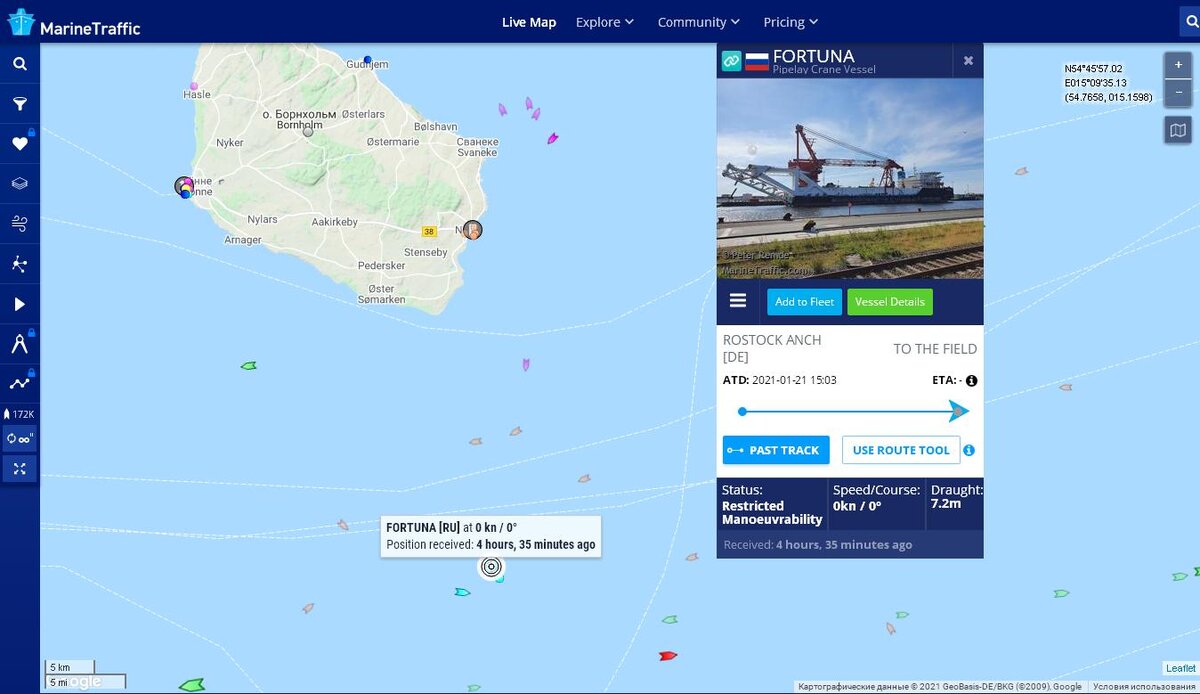 Данные о местоположении "Фортуны" с портала Marinetraffic