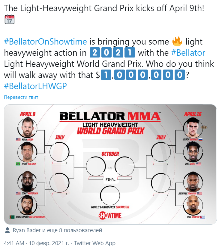 Пост BELLATORMMA в твиттере