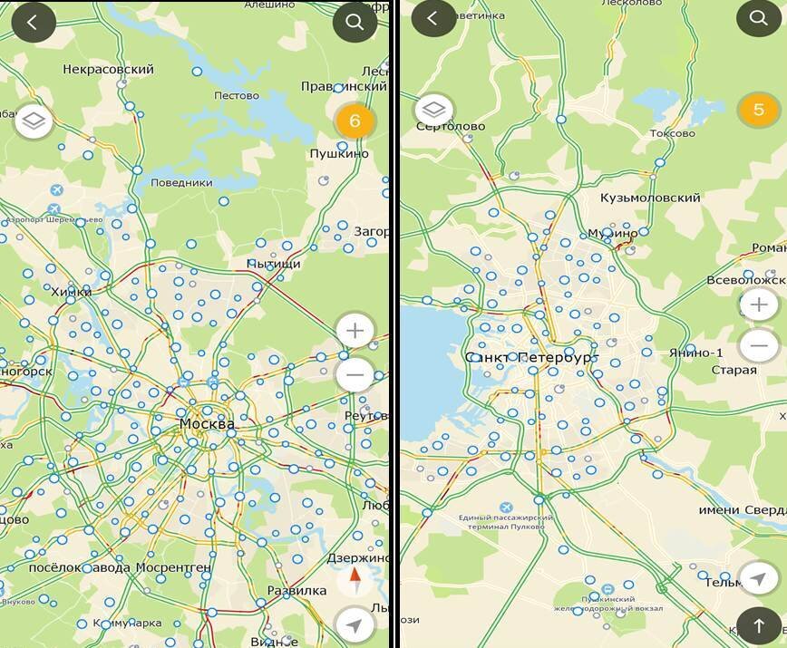 Скриншот из приложения 2gis, на котором показано сколько официальных центров йоги в Москве и Санкт-Петербурге