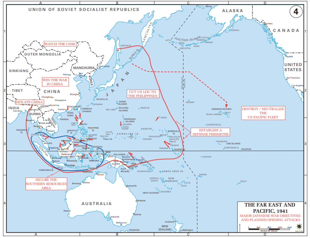 Цели Японии в войне. Красным обозначены целевые границы японской оккупации на Тихом океане (без Китая и Кореи). Источник карты - Военная академия США, https://www.westpoint.edu/sites/default/files/inline-images/academics/academic_departments/history/WWII%20Asia/WWIIAsia04.pdf