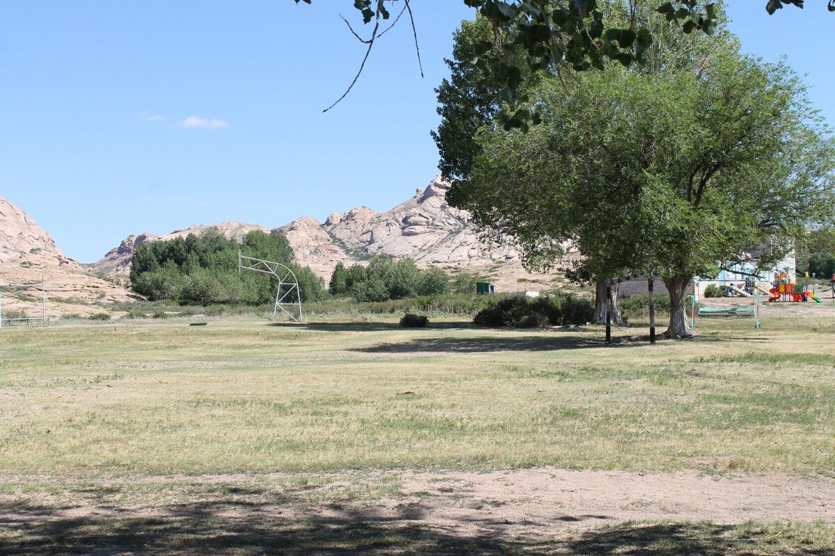 За деревьями столовая, рядом спортплощадка