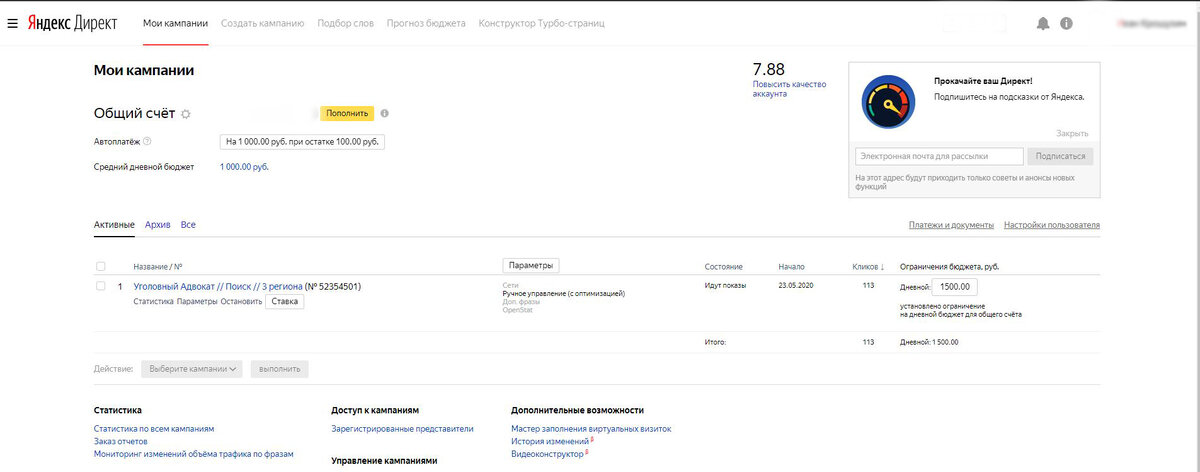 присутствует только кампания на поиске