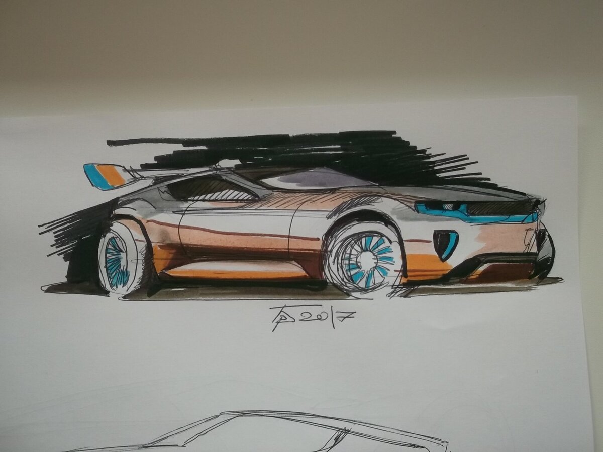 эскиз спорт-кара; материал: карандаш, гелевая ручка, фломастеры