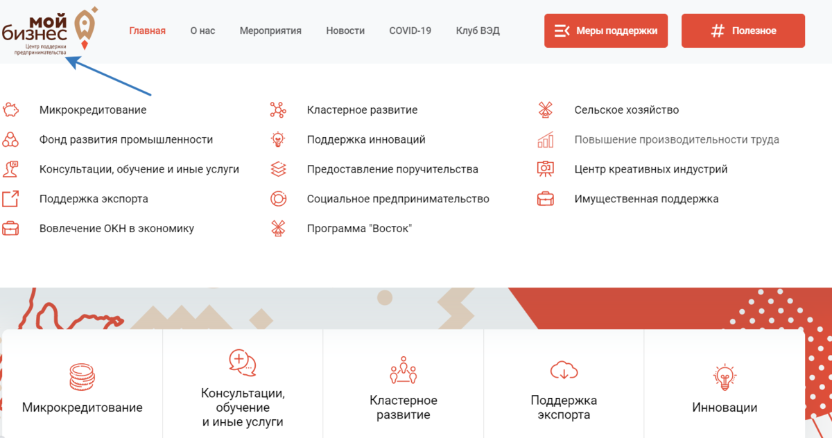 Страница с сайта "Мой бизнес" Список мер поддержки.