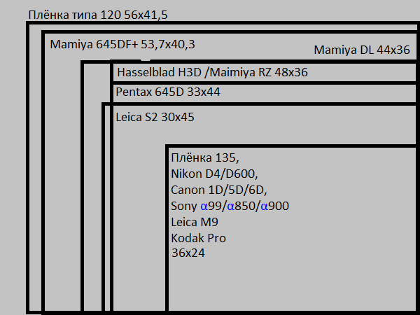 Размеры матриц на разных камерах. Как можно заметить - плёнка 120 мм шире всех.
