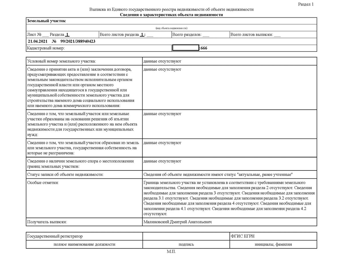 Полученная выписка из ЕГРН об исходном земельном участке