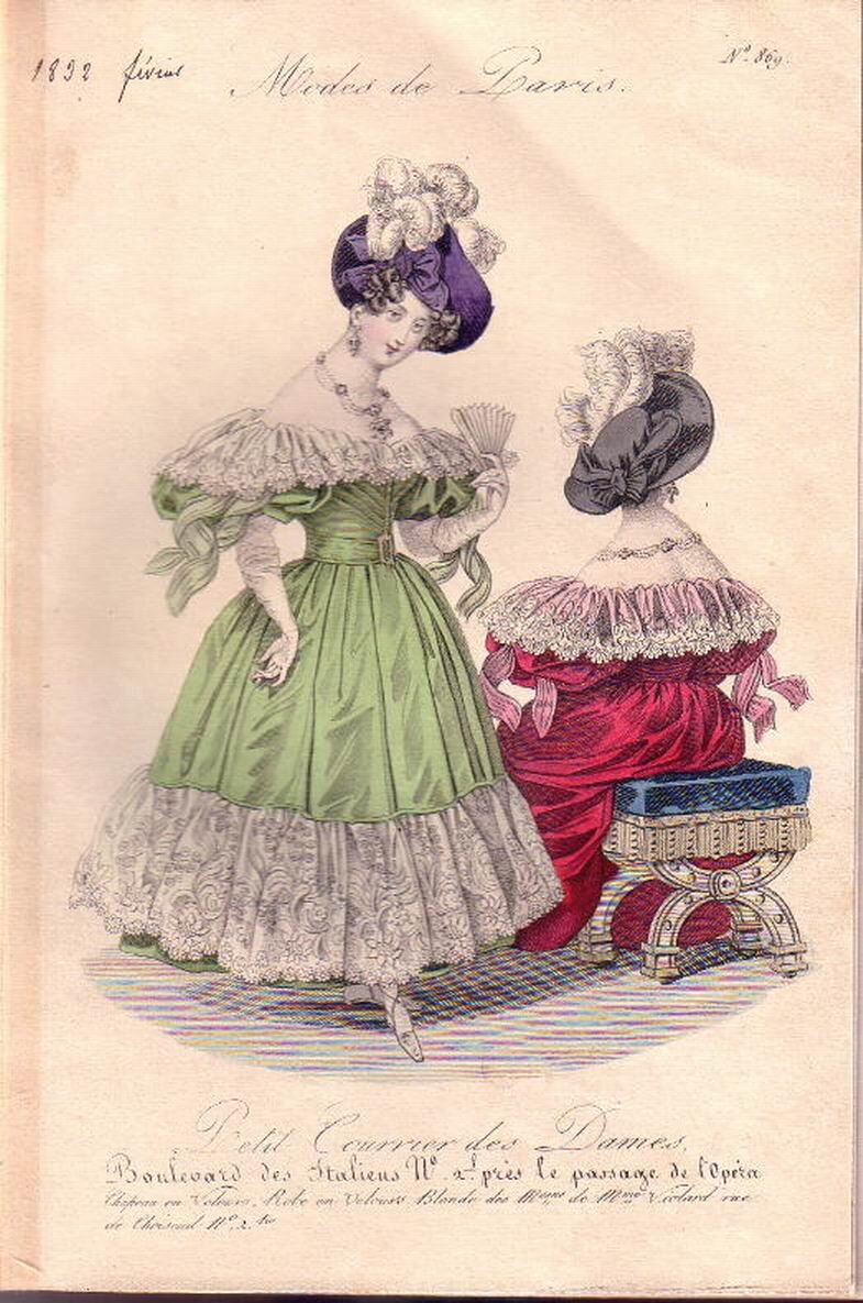 Вечерние наряды со шляпками, 1832 год.