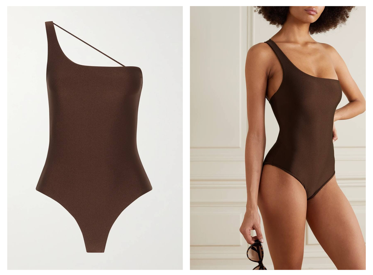 Слитный купальник на одно плечо в шоколадном цвете