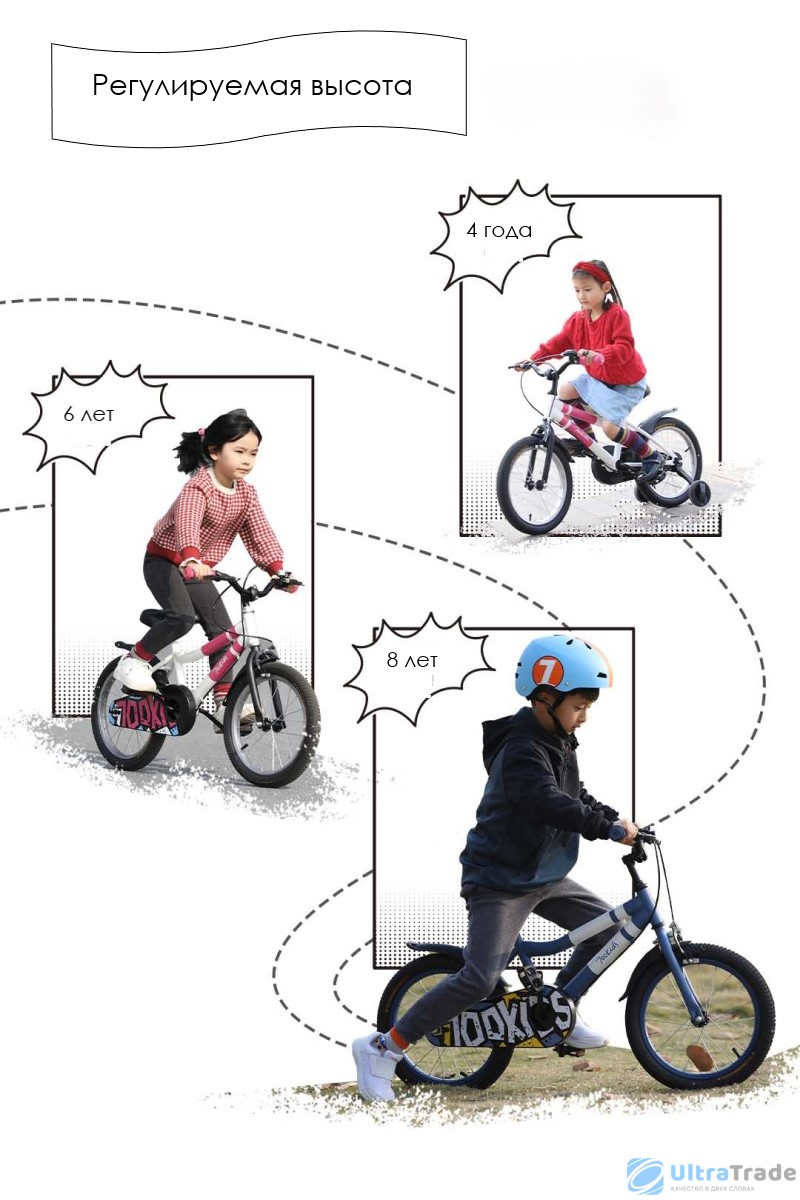 Для разного возраста Благодаря регулируемой высоте руля и сиденья, велосипед можно использовать на протяжении нескольких нет. Высота руля регулируется от 65 до 68 см, а сиденье: от 55 до 62 см.