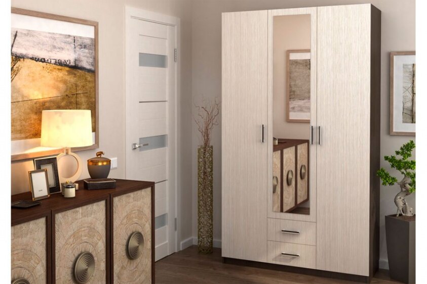 Ох уж это избитое сочетание «пластиковой» ламинации: венге + светлый дуб. Пример из мебельного гипермаркета.
