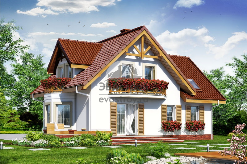 Проект одноэтажного дома 140 м2 с мансардой, гаражом, балконом и террасой - SM-1