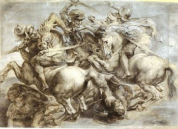 Леонардо выбрал в качестве сюжета для фрески битву при Ангиари. Революционный подход не увенчался успехом, сохранились только копии с картона.